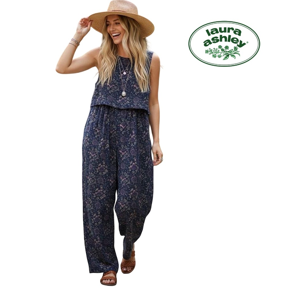 Vintage 80s Laura Ashley Prairie Jumpsuit Romper Playsuit Floral Jumper Corduroy - Picture 14 of 16